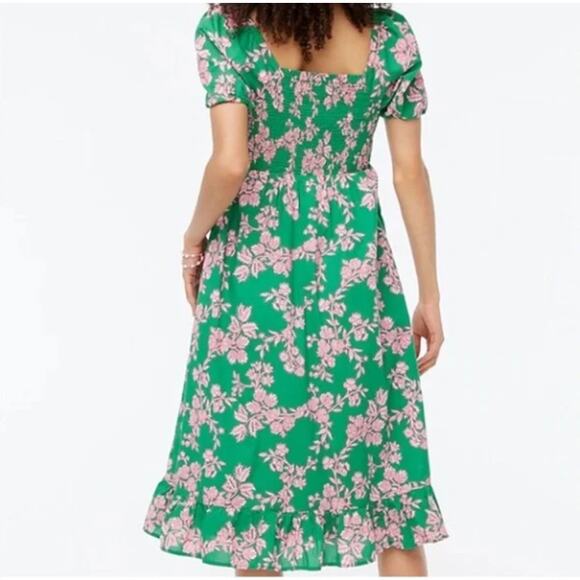 J. CREW Smocked Midi Dress Puff Sleeves Green Pink Floral Sz L {RR22} - Picture 2 of 8
